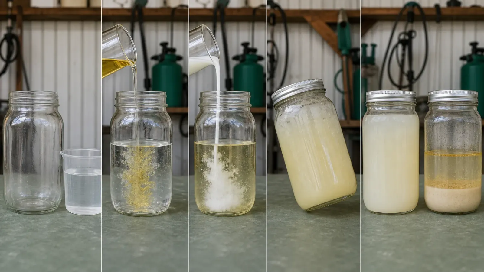 Five-stage jar test showing carrier, products added in sequence, agitation, and compatible versus separated mixtures