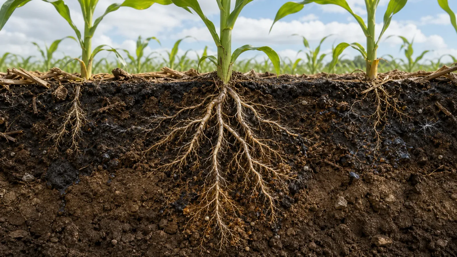 Cutaway view of corn roots extending through soil rich in organic matter